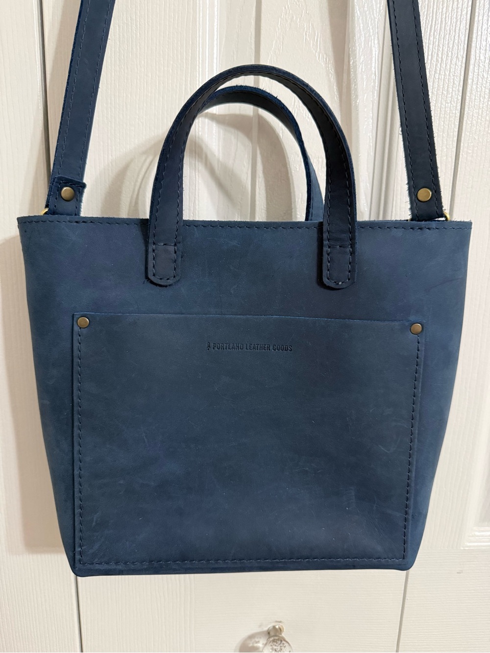 Portland Leather Goods Mini Leather Zippered Crossbody Tote Deep Water Navy Blue